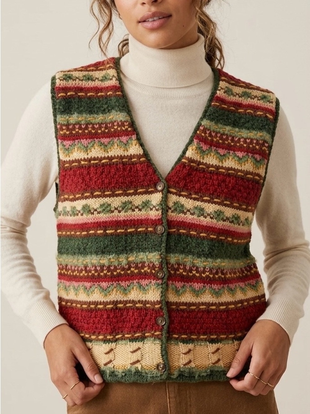 Lizsport Vintage Striped Fair Isle Knit Sweater Vest Button-Up Boho Cottagecore